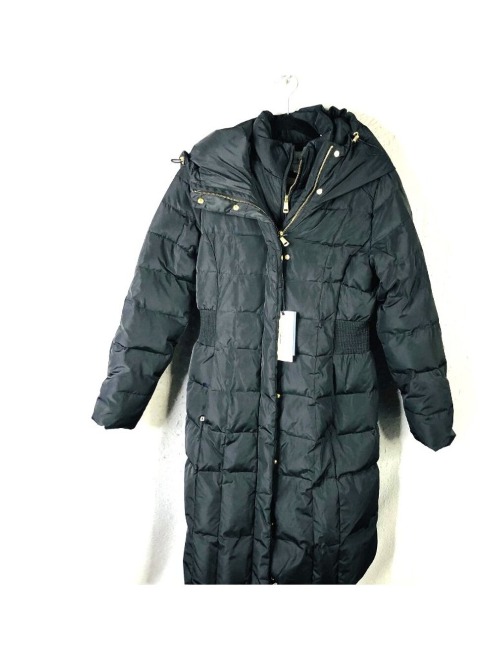 Cole Haan Coat Womens S Black Down Puffer Hooded Long Zip Warm Quilted Winter